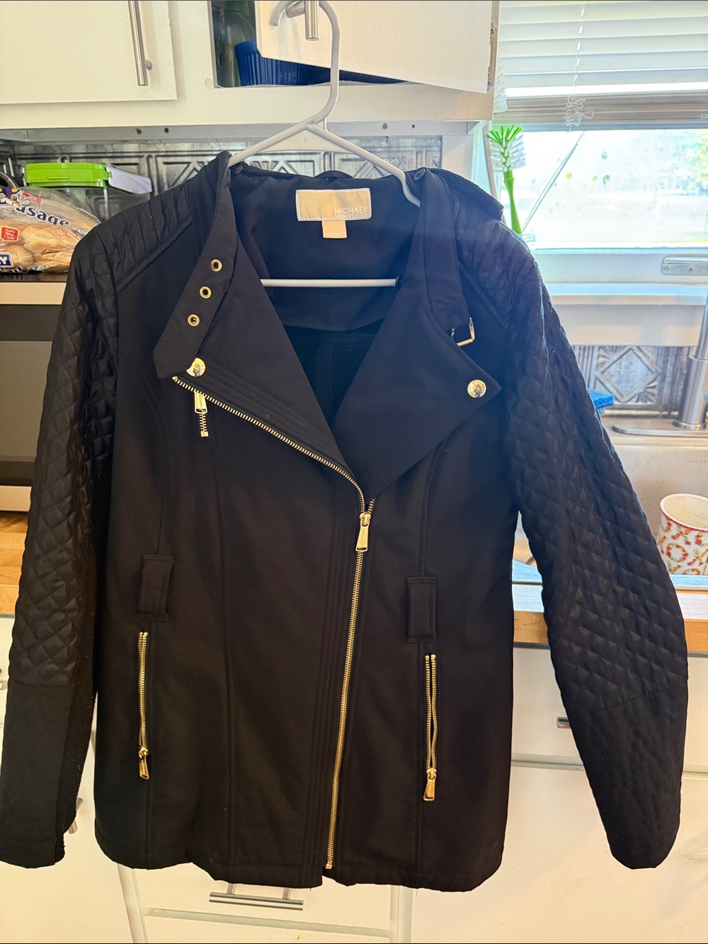 Michael Kors Black Quilted-Sleeve Moto Jacket with Gold Hardwareu